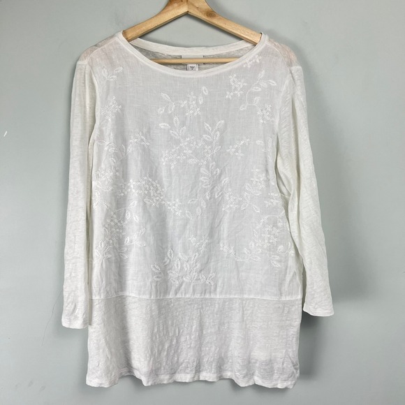 J. Jill Tops - J. Jill Love Linen White Floral Embroidered 3/4 Sleeve Top M Knit Boho Resort